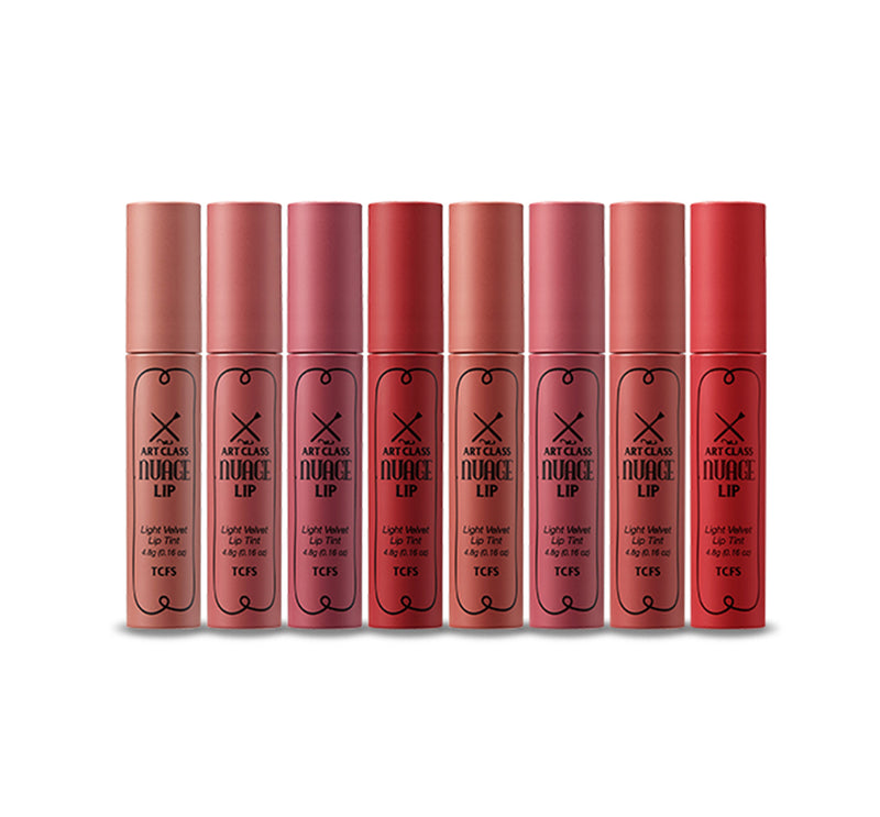 A soft-matte liquid lip stain in shades of natural nudes with soft-cloud texture.