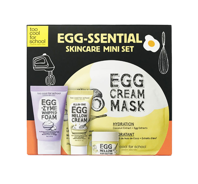 Too Cool For School Egg-ssential Skincare Mini Set is an essential 4-piece skincare travel-size set ($24 Value) comprised of a facial cleanser, a hydrating sheet mask, a firming moisturizer, and a hydrating body butter for a complete skincare regimen.